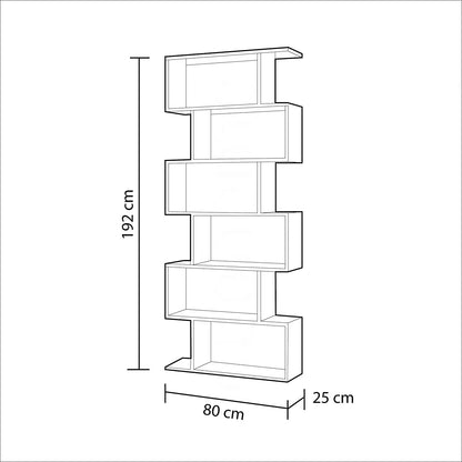 Schema tecnico della libreria Fores grigia alta in melamina con ripiani regolabili, dimensioni 80x25x192 cm, ideale per spazi moderni.