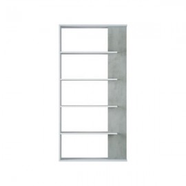 Libreria Alida 90x25x180 cm in truciolare melaminico bianco e grigio cemento, con 5 ripiani e struttura reversibile.