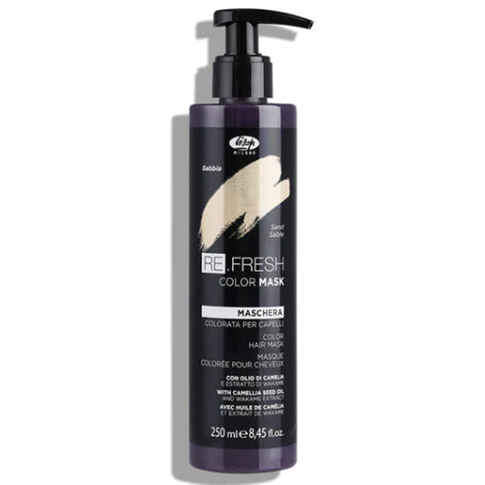 Maschera colorata per capelli sabbia, contenitore da 250 ml con dispenser nero, ideale per nutrire e idratare i capelli colorati con estratto di camelia e wakame