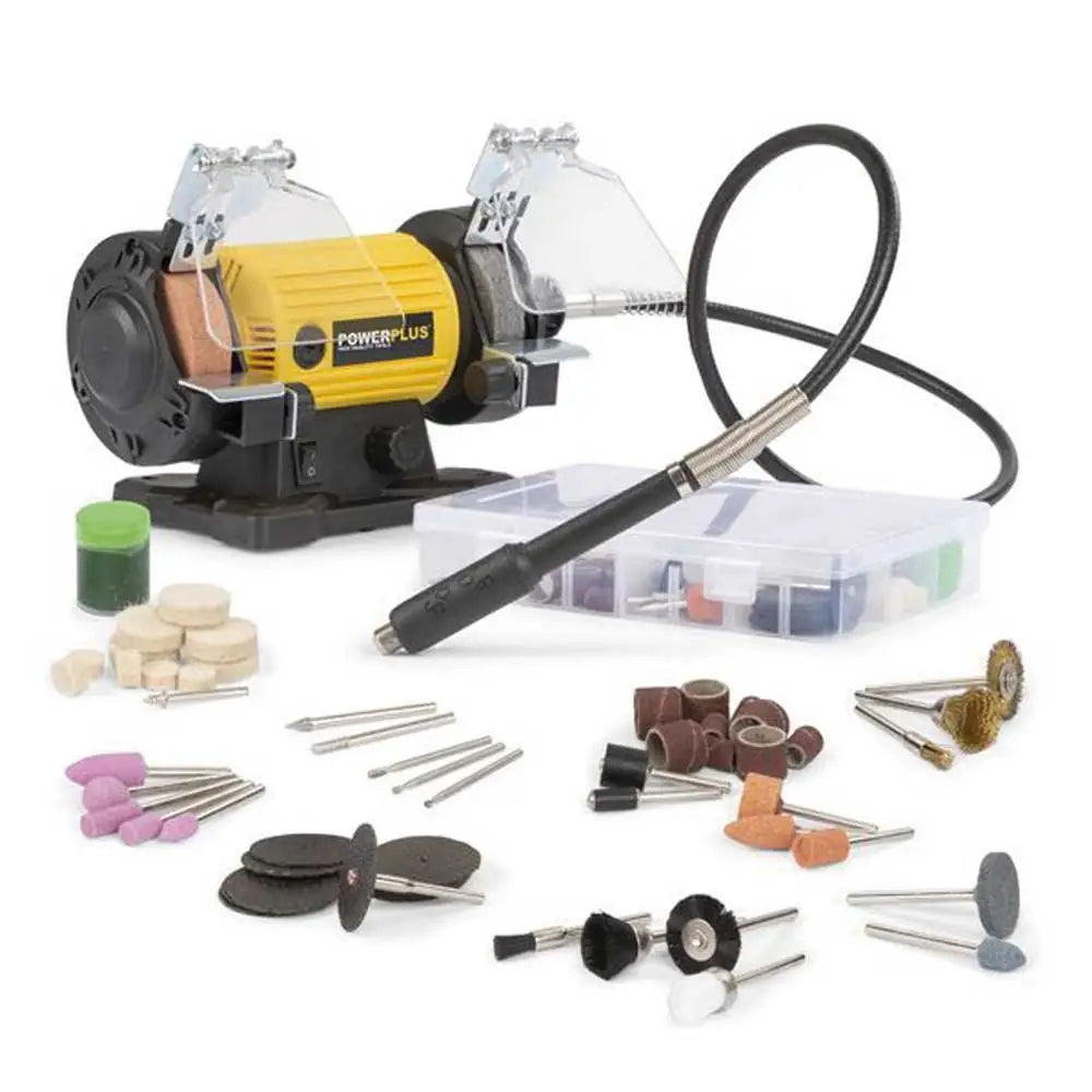 Smerigliatrice da banco da 120W con prolunga flessibile, dotata di accessori abrasivi e di lucidatura, ideale per lavori di precisione e riparazioni.