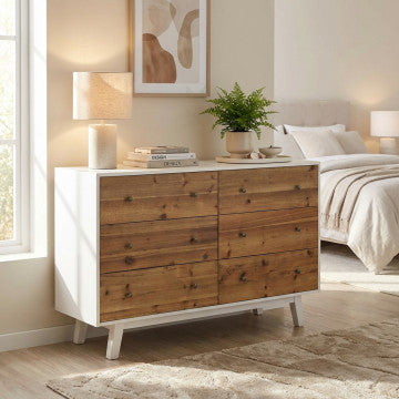 Mobile bianco 6 cassetti decoro naturale legno 146x45x90 cm