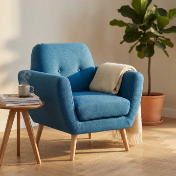Poltrona in tessuto blu con bottoni, gambe in polipropilene 84x79x86 cm