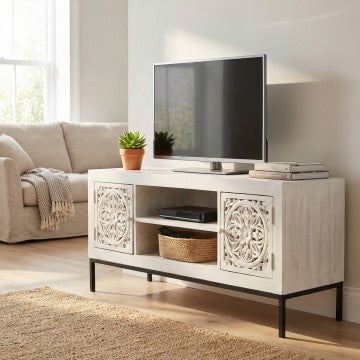 Porta TV con struttura in ferro e ante in legno di mango, 130x40x55 cm