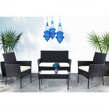 Salotto smontabile con struttura in metallo e wicker, cuscini 4 cm