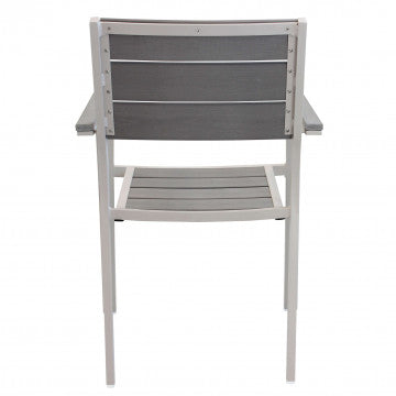 Retro della poltrona Cervia in alluminio tortora con schienale in Polywood grigio scuro, design impilabile per esterni.