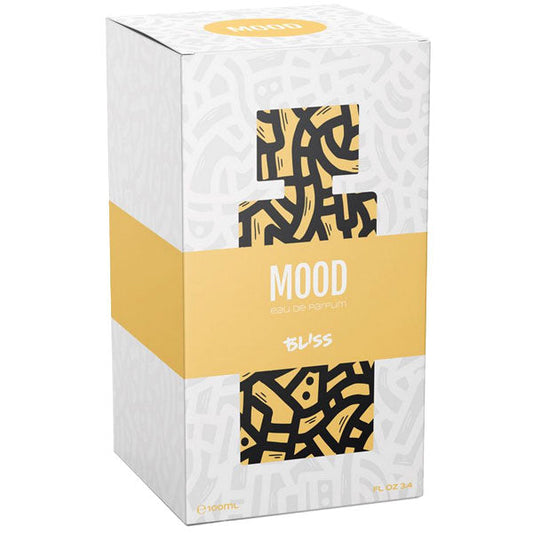 Scatola di confezione di Mood Bliss Eau De Parfum con motivo astratto nero e crema, etichetta gialla, design elegante e moderno