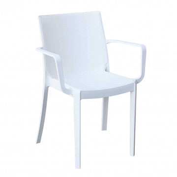 Poltrona in polipropilene Victoria con braccioli in colore bianco, design minimal e misure 55x58x82cm per uso indoor e outdoor.