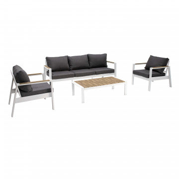 Salotto in alluminio e polywood con cuscini, divano 201x84 cm