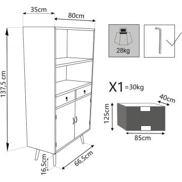 Mobiletto MDF e legno pino con 2 ripiani, 2 ante e 2 cassetti - 80x35x140 cm