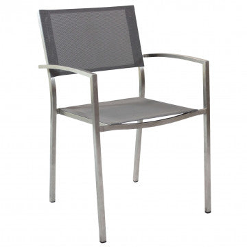 Poltrona Florida in acciaio inox e textilene grigio vista frontale, ideale per arredare giardini e terrazze con stile moderno e resistente.