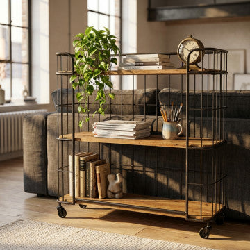 Mobile in ferro e legno con 3 ripiani, 104x36x93 cm, truciolare