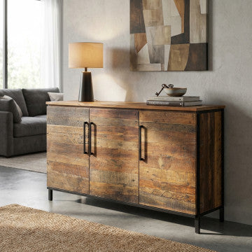 Mobile con 3 ante, struttura legno naturale, gambe metallo nero, 150x40x86 cm