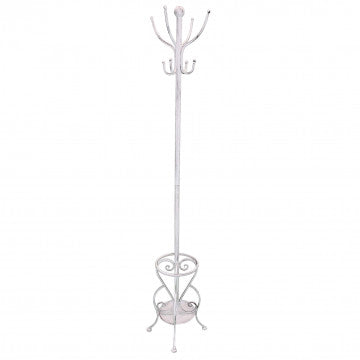 Appendiabiti in ferro verniciato bianco antico con ganci e base decorativa, altezza 183 cm, ideale per ingresso o camera da letto