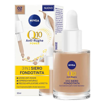 Confezione del siero fondotinta NIVEA Q10 Anti-Rughe 3in1 colore Dark con bottiglia e scatola, azione anti-età e copertura imperfezioni