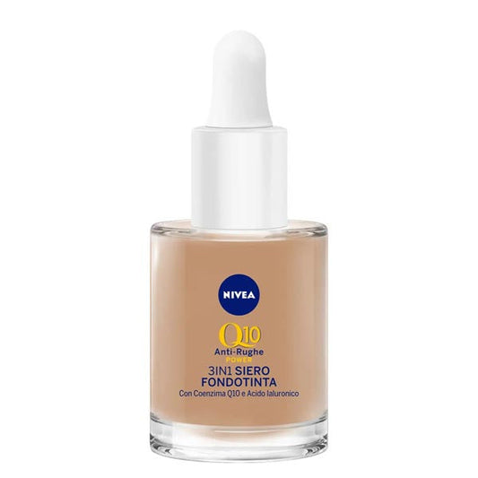 Siero fondotinta NIVEA Q10 Anti-Rughe 3in1 colore Dark in bottiglia con contagocce, idratante e levigante, 30ml