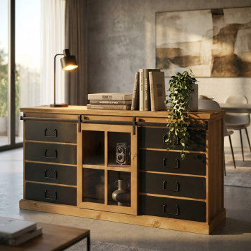 Mobile in legno e acciaio con dimensioni 147x42,3x75 cm, peso 35 kg