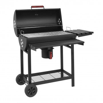 Barbecue Tennessee a carbonella con coperchio aperto, doppia griglia interna, struttura in acciaio nero e ripiani laterali per accessori.