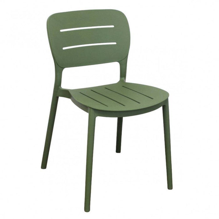 Sedia Giselle in polipropilene impilabile verde, senza braccioli, ideale per interni moderni. Dimensioni 44x52.5x79cm, design pratico e salvaspazio.