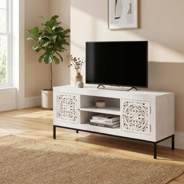 Porta TV con struttura in ferro e ante in legno di mango, 130x40x55 cm