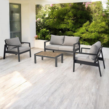 Salotto in alluminio verniciato con cuscini 10 cm, divano e poltrona