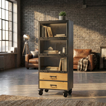 Mobile in ferro e legno con struttura portante in metallo, altezza 182,8 cm