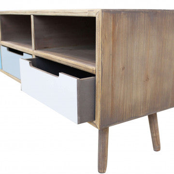 Porta TV MDF con gambe legno pino, 3 ripiani 3 cassetti, 120x35,5x29,5 cm