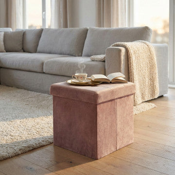 Pouf contenitore quadrato in velluto, 38x38x38 cm, colore rosa