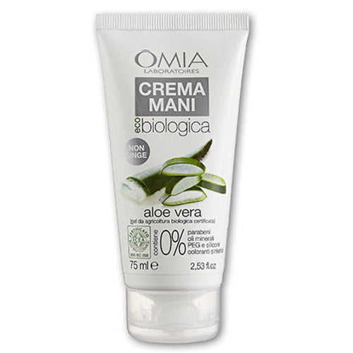 Crema mani biologica con aloe vera in tubo da 75 ml, idratante e protettiva, senza parabeni, oli minerali, PEG e siliconi, confezione bianca