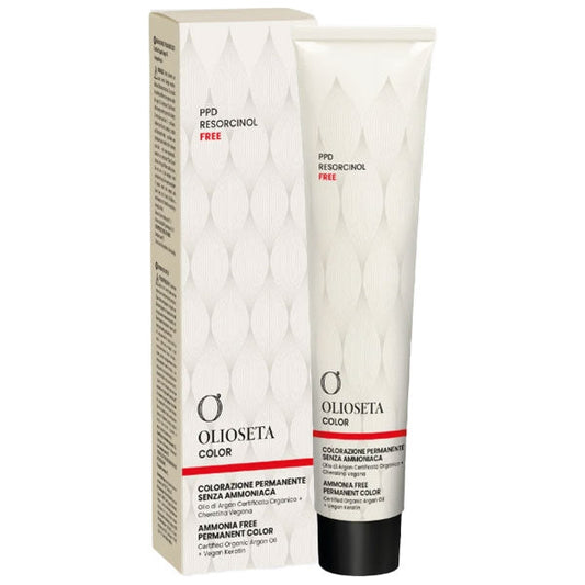 Scatola di colorazione capelli senza ammoniaca, con tubo bianco e dettagli rossi, contenente prodotto professionale per copertura totale e nuance naturali.