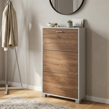 Scarpiera 3 ante MDF bianco fiammato noce Stelvio 70x18x118 cm
