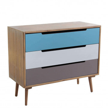 Mobile con struttura MDF, gambe pino, top marrone, 3 cassetti colorati