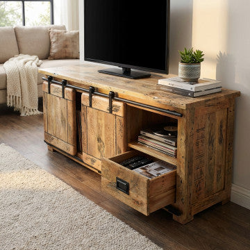 Porta TV legno mango 150 cm con 2 ante scorrevoli, ripiano e 2 cassetti