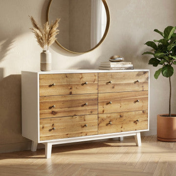 Mobile bianco 6 cassetti decoro naturale legno 146x45x90 cm