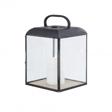 Lanterna in metallo e vetro con base in legno, altezza 34 cm
