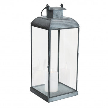 Lanterna in metallo e vetro grigia, dimensioni 17,5 x 17,5 x 42 cm