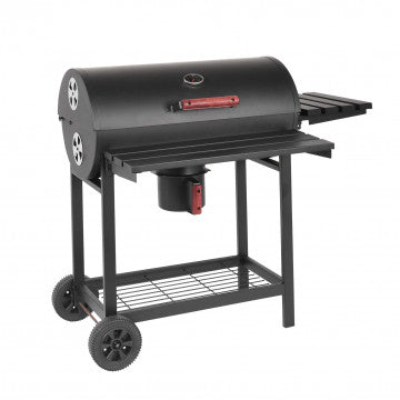 Barbecue Tennessee a carbonella con struttura in acciaio verniciato nero, coperchio chiuso, griglie laterali e ruote per facile trasporto.