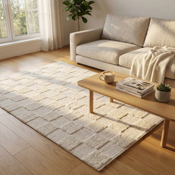 Tappeto in lana e cotone avorio con decoro, dimensioni 120x180 cm