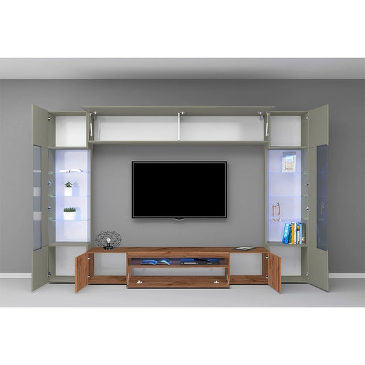 Parete Attrezzata Egypt – Tortora/Rovere Wotan, 290x40x190 cm, Made in Italy