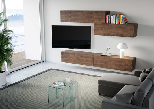 Parete soggiorno Composizione A03 L.268 P.39,2 installata in un living moderno, con mobili sospesi ITAMOBY in legno e TV a parete.