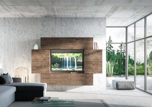 Parete attrezzata Isoka A07 installata in soggiorno moderno con TV, design modulare e funzionale per ottimizzare lo spazio abitativo.