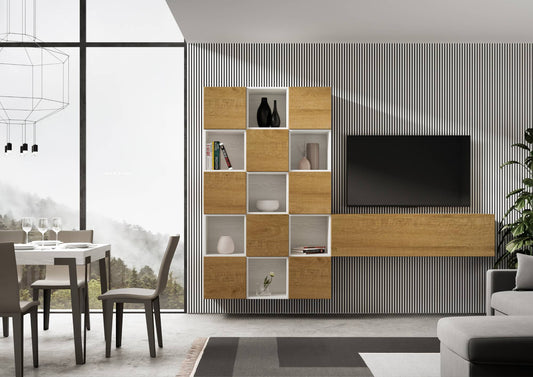 Parete attrezzata A101 L.274 H.200 P.39,2 installata in soggiorno moderno, ideale per arredare con stile e funzionalità spazi living.