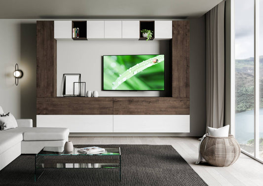 Parete attrezzata A105 con TV integrata in soggiorno moderno, design elegante e funzionale per spazi living contemporanei.