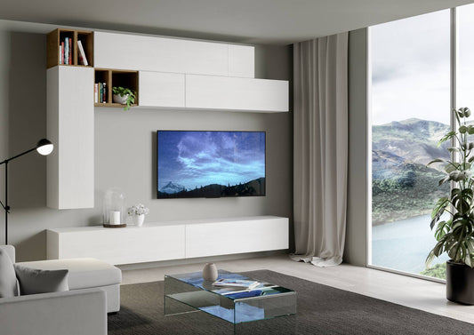 Parete attrezzata A106 L.208 P.39,2 installata in soggiorno moderno con vista panoramica, perfetta per un living elegante e personalizzato.