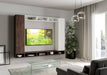 Parete attrezzata A107 installata in soggiorno moderno, con TV integrata e vani contenitori, perfetta per arredare con stile e praticità.