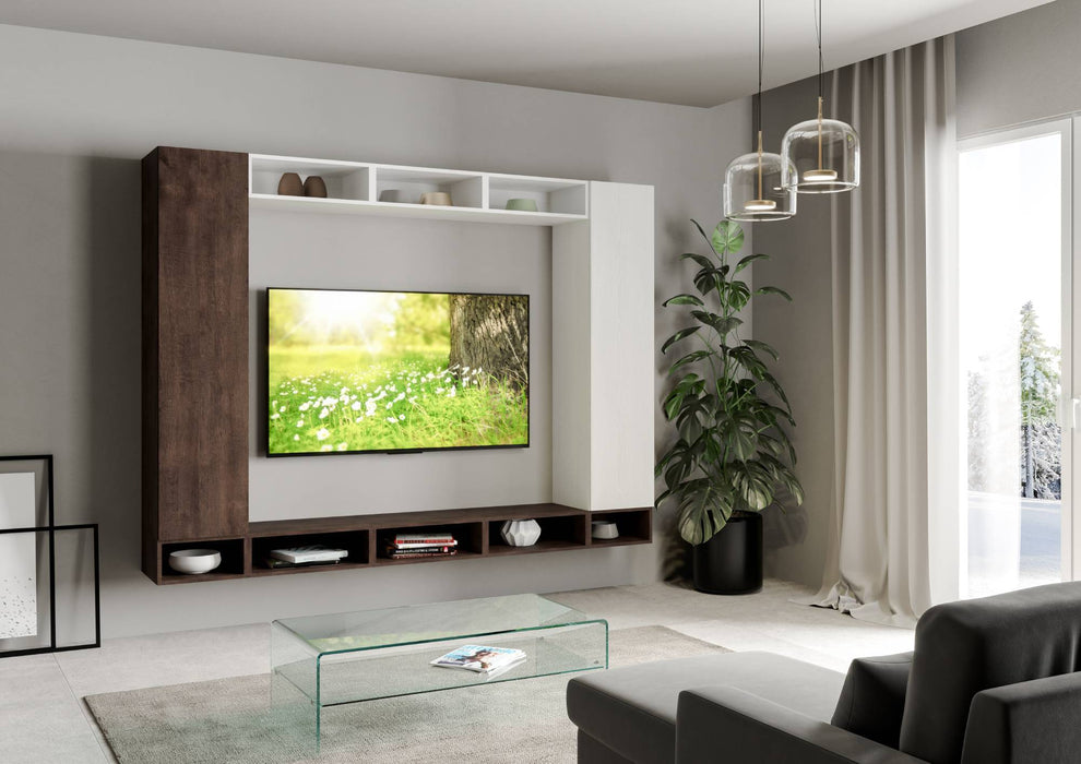 Parete attrezzata A107 installata in soggiorno moderno, con TV integrata e vani contenitori, perfetta per arredare con stile e praticità.