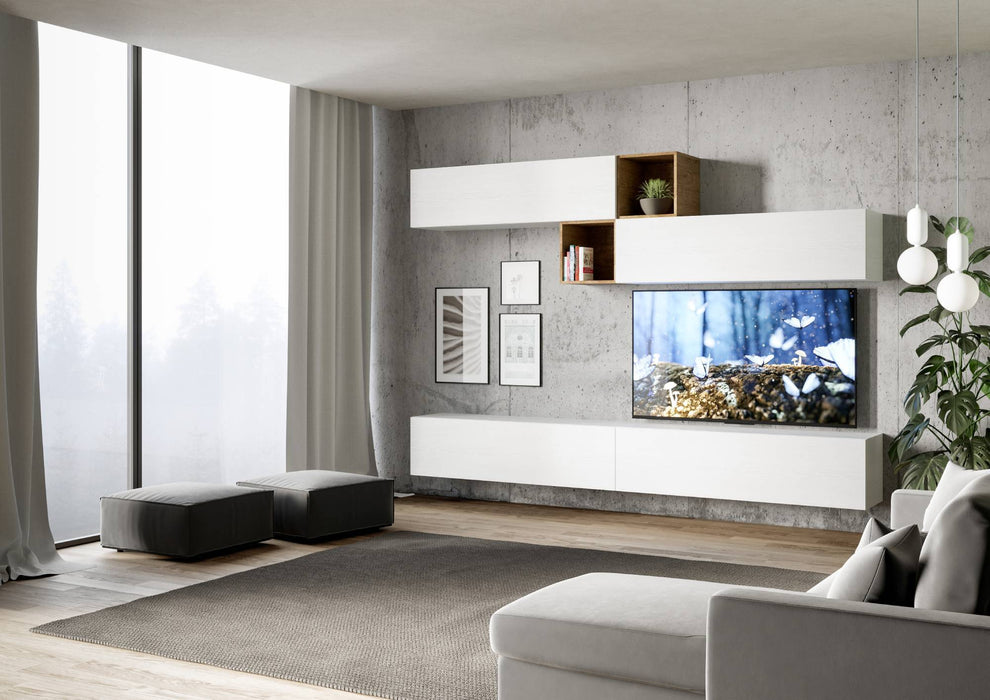 Parete attrezzata A110 L.308 P.39,2 installata in un soggiorno moderno, con design elegante e funzionale in bianco e rovere chiaro.