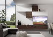 Composizione parete soggiorno A111 L.308 P.39,2 installata in salotto moderno, con mobili sospesi in legno scuro e bianco, ideale per TV e decorazioni.