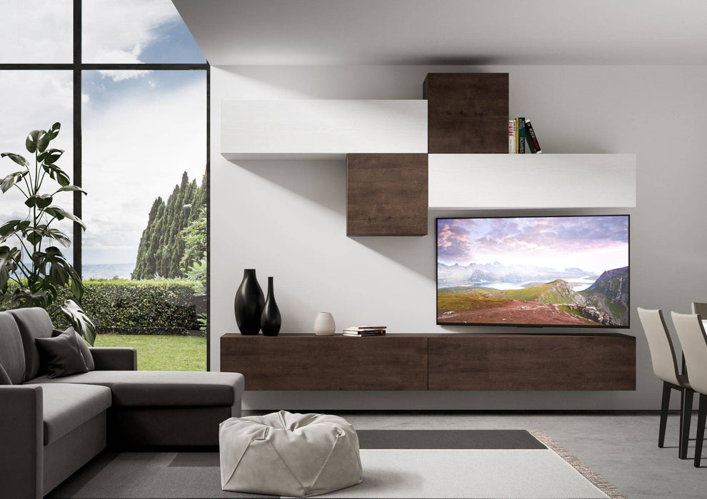 Composizione parete soggiorno A111 L.308 P.39,2 installata in salotto moderno, con mobili sospesi in legno scuro e bianco, ideale per TV e decorazioni.
