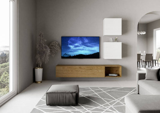Composizione parete soggiorno A115 L.234 P.39,2 installata in salotto moderno, base sospesa in legno e pensili bianchi, stile elegante e funzionale.