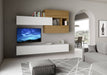 Parete attrezzata A116 L.268 P.39,2 installata in soggiorno moderno, con moduli sospesi bianchi e rovere per un design elegante e funzionale.